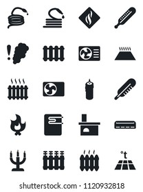 Set of vector isolated black icon - fire vector, hose, fireplace, thermometer, heater, air conditioner, candle, water, smoke detector, radiator, warm floor