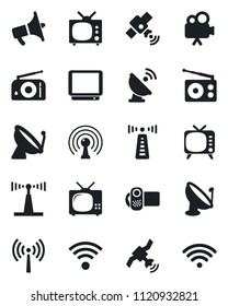 Set of vector isolated black icon - antenna vector, satellite, radio, loudspeaker, tv, video camera, wireless