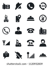 Set of vector isolated black icon - phone vector, no mobile, office, 24 hours, support, tracking, radio, mute, cellular signal, reception