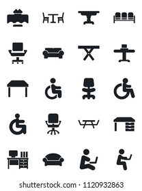 Set of vector isolated black icon - cafe vector, waiting area, disabled, office chair, desk, picnic table, cushioned furniture, restaurant, man with notebook