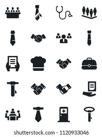 Set of vector isolated black icon - medical room vector, handshake, team, tie, document, stethoscope, meeting, cook hat, case