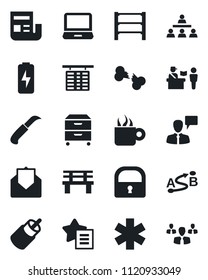 Set of vector isolated black icon - passport control vector, flight table, speaking man, garden knife, bench, ambulance star, broken bone, route, rack, laptop pc, favorites list, mail, rca, lock