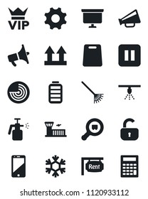 Set of vector isolated black icon - vip vector, radar, airport building, presentation board, rake, garden sprayer, up side sign, search cargo, loudspeaker, cell phone, battery, pause button, rent
