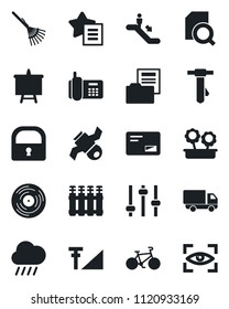Set of vector isolated black icon - escalator vector, tie, presentation board, rake, rain, bike, satellite, office phone, car delivery, vinyl, favorites list, mail, tuning, lock, cellular signal