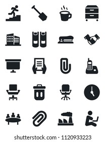 Set of vector isolated black icon - handshake vector, office chair, book, presentation board, document, meeting, job, factory, radio phone, clock, coffee, paper clip, archive box, career ladder