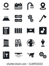 Set of vector isolated black icon - fence vector, pennant, office binder, document, calendar, wheelbarrow, axe, earth, brightness, place tag, music, bathroom, city house, wine card, open close, gear