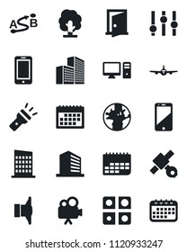 Set of vector isolated black icon - plane vector, mobile phone, office building, tree, earth, satellite, term, route, speaker, settings, video camera, cell, torch, application, calendar, city house