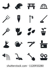Set of vector isolated black icon - job vector, farm fork, seedling, watering can, sproute, pruner, glove, lawn mower, hoe, plant label, bench, garden light, fireplace, greenhouse, seeds, tulip