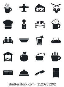 Set of vector isolated black icon - coffee vector, waiter, restaurant table, cook hat, reserved, reception, phyto bar, beer, salt and pepper, bread, vip zone, alcove, bowl, knife, steaming pan