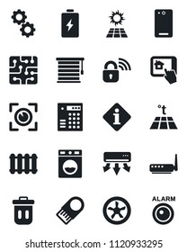 Set of vector isolated black icon - phone back vector, chip, fan, wireless lock, router, air conditioner, home control app, gear, washer, radiator, warm floor, jalousie, eye scan, trash bin, battery