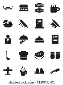 Set of vector isolated black icon - coffee vector, waiter, restaurant table, cook hat, reception, salad, salt and pepper, cafe building, vip zone, open close, receipt, steak, ladle, rolling pin