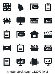 Set of vector isolated black icon - fence vector, meeting, clipboard, clapboard, presentation board, sale, rooms, sold signboard, smart home, cutting, chip