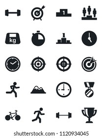 Set of vector isolated black icon - pedestal vector, medal, barbell, bike, run, heavy, clock, stopwatch, target, mountains, award cup