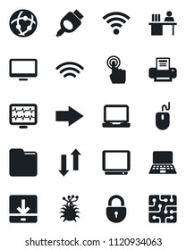Set of vector isolated black icon - right arrow vector, lock, mouse, notebook pc, monitor pulse, virus, tv, touch screen, laptop, hdmi, network, folder, data exchange, download, wireless, printer