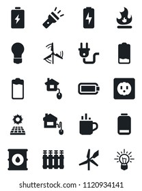 Set of vector isolated black icon - hot cup vector, bulb, fire, oil barrel, battery, low, torch, charge, sun panel, windmill, home control, socket, power plug, radiator, idea