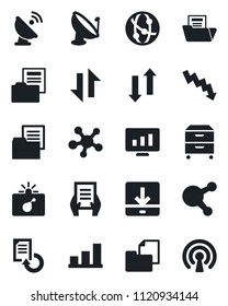 Set of vector isolated black icon - bomb in case vector, crisis graph, document, statistic monitor, reload, folder, satellite antenna, network, share, data exchange, download, bar, archive box