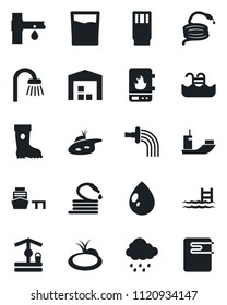 Set of vector isolated black icon - watering vector, boot, water drop, rain, well, hose, pond, drip irrigation, sea shipping, port, pool, warehouse, bathroom, drink, heater