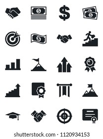 Set of vector isolated black icon - handshake vector, growth statistic, dollar sign, medal, graduate, cash, sertificate, bar graph, target, career ladder, arrow up, motivation, pennon, certificate