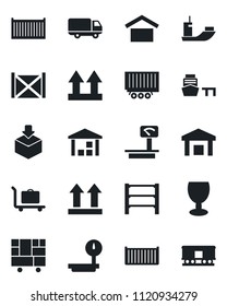 Set of vector isolated black icon - baggage trolley vector, sea shipping, truck trailer, cargo container, car delivery, port, consolidated, fragile, warehouse storage, up side sign, package, rack