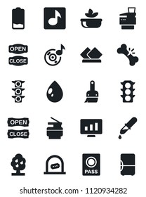 Set of vector isolated black icon - ticket office vector, passport, statistic monitor, water drop, dropper, broken bone, traffic light, low battery, themes, music, copier, fruit tree, salad, fridge