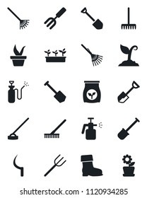 Set of vector isolated black icon - job vector, garden fork, shovel, farm, rake, seedling, sproute, boot, hoe, sickle, sprayer, fertilizer, flower in pot