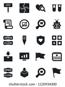Set of vector isolated black icon - no laptop vector, statistic monitor, contract, lady bug, plant label, blood test vial, heart diagnostic, shield, medical calendar, package, search cargo, flag