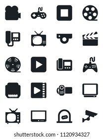 Set of vector isolated black icon - ticket office vector, clapboard, reel, gamepad, tv, video camera, play button, stop, hdmi, web, intercome, surveillance