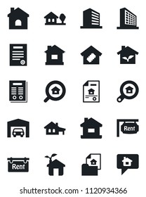 Set of vector isolated black icon - office building vector, house, contract, with garage, tree, estate document, rent, search, smart home, eco, message