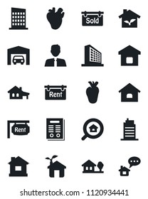 Set of vector isolated black icon - office building vector, house, real heart, contract, with garage, tree, rent, sold signboard, estate search, agent, smart home, city, eco, message