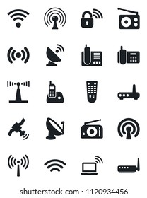 Set of vector isolated black icon - antenna vector, wireless notebook, office phone, satellite, radio, remote control, lock, router
