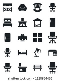 Set of vector isolated black icon - checkroom vector, office chair, desk, bench, fireplace, lamp, bedroom, children room, cushioned furniture, restaurant table, alcove, fridge