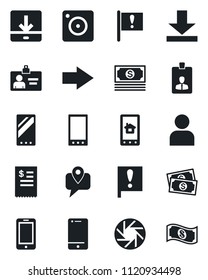 Set of vector isolated black icon - right arrow vector, mobile phone, identity card, important flag, cash, tracking, cell, camera, user, download, restaurant receipt, home control app