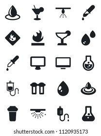 Set of vector isolated black icon - water drop vector, dropper, flammable, monitor, cocktail, filter, sprinkler, flask