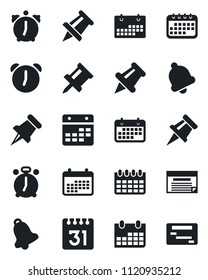 Set of vector isolated black icon - alarm clock vector, drawing pin, calendar, term, paper, bell, schedule