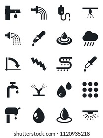 Set of vector isolated black icon - crisis graph vector, watering, water drop, rain, drip irrigation, dropper, menu, supply, sprinkler