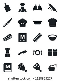 Set of vector isolated black icon - cook vector, cafe, hat, menu, bacon, salt and pepper, ham, bowl, rolling pin, cutting board, knife, steaming pan