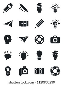 Set of vector isolated black icon - automatic door vector, brainstorm, bulb, camera, pencil, fence, rolling pin, energy saving, shining head, idea, paper plane, crisis management