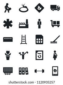 Set of vector isolated black icon - dispatcher vector, manager, document reload, flower in pot, rake, ladder, pond, ambulance star, barbell, pregnancy, truck trailer, car delivery, cargo, flammable