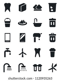 Set of vector isolated black icon - trash bin vector, shower, bucket, tooth, mobile, blank box, water supply, bathroom, serviette, filter, windmill