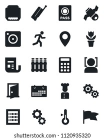 Set of vector isolated black icon - suitcase vector, passport, flower in pot, run, pin, satellite, news, hdmi, mobile camera, face id, calendar, calculator, abacus, cook, thermometer, radiator, door