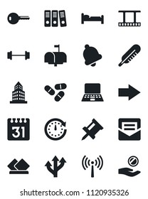 Set of vector isolated black icon - antenna vector, bed, right arrow, notebook pc, thermometer, pills, barbell, route, film frame, bell, mail, calendar, drawing pin, office building, paper binder