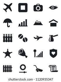 Set of vector isolated black icon - fence vector, lawn mower, pills, heart shield, eye, plane, umbrella, warehouse storage, camera, stop button, brightness, cellular signal, bar graph, mountains