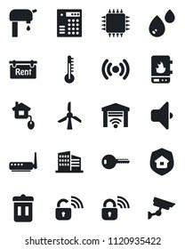 Set of vector isolated black icon - water supply vector, rent, office building, key, estate insurance, home control, chip, wireless lock, heater, router, thermometer, sound, garage gate, trash bin