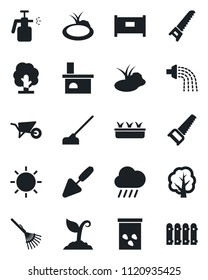Set of vector isolated black icon - fence vector, trowel, rake, tree, wheelbarrow, watering, sproute, saw, seedling, sun, rain, hoe, fireplace, seeds, pond, garden sprayer