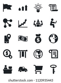 Set of vector isolated black icon - manager place vector, mobile tracking, meeting, arrow up graph, money bag, pennon, earth, growth, search, idea, cart, flag, cash, car, social media, contract, tie