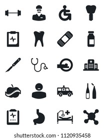 Set of vector isolated black icon - stethoscope vector, ampoule, scalpel, patch, tomography, ambulance car, barbell, hospital bed, disabled, stomach, tooth, implant, pulse clipboard, diet, doctor