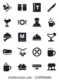 Set of vector isolated black icon - hot cup vector, coffee, cook, dish, cafe, wine card, menu, reserved, cocktail, waiter, salt and pepper, steak, knife, sushi, serviette, storefront