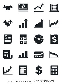 Set of vector isolated black icon - handshake vector, growth statistic, dollar sign, calculator, receipt, news, bar graph, pie, abacus, point, credit card, crisis, cash