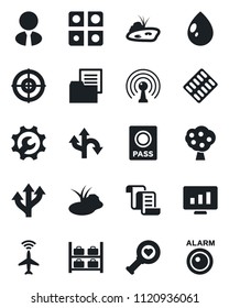 Set of vector isolated black icon - plane radar vector, passport, luggage storage, contract, statistic monitor, water drop, pond, heart diagnostic, pills blister, route, folder document, antenna