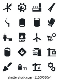 Set of vector isolated black icon - factory vector, trowel, glove, saw, sickle, sea port, flammable, oil barrel, low battery, root setup, sun panel, windmill, crane, water heater, gear